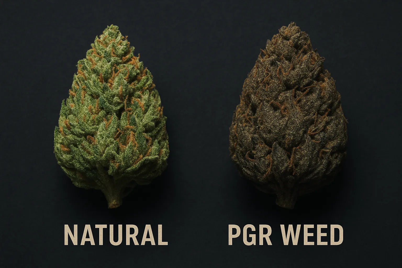 Vergelijking tussen een natuurlijke cannabisbloem en een PGR-wietbloem naast elkaar
