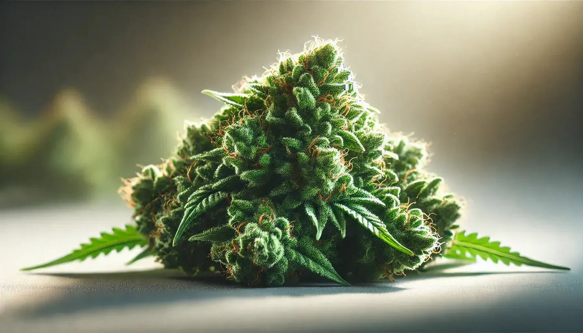 Fotorealistyczne zdjęcie świeżych Kwiatów Cannabis z naturalnym światłem i miękkim rozmyciem tła.