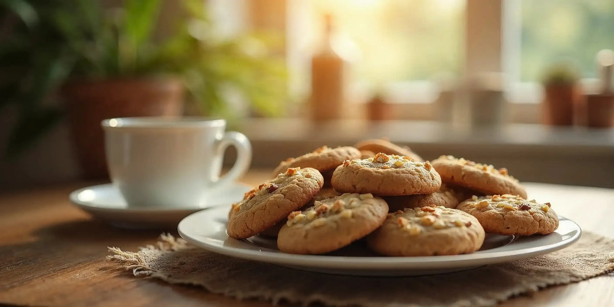 CBD Cookies подані на тарілці з чашкою кави
