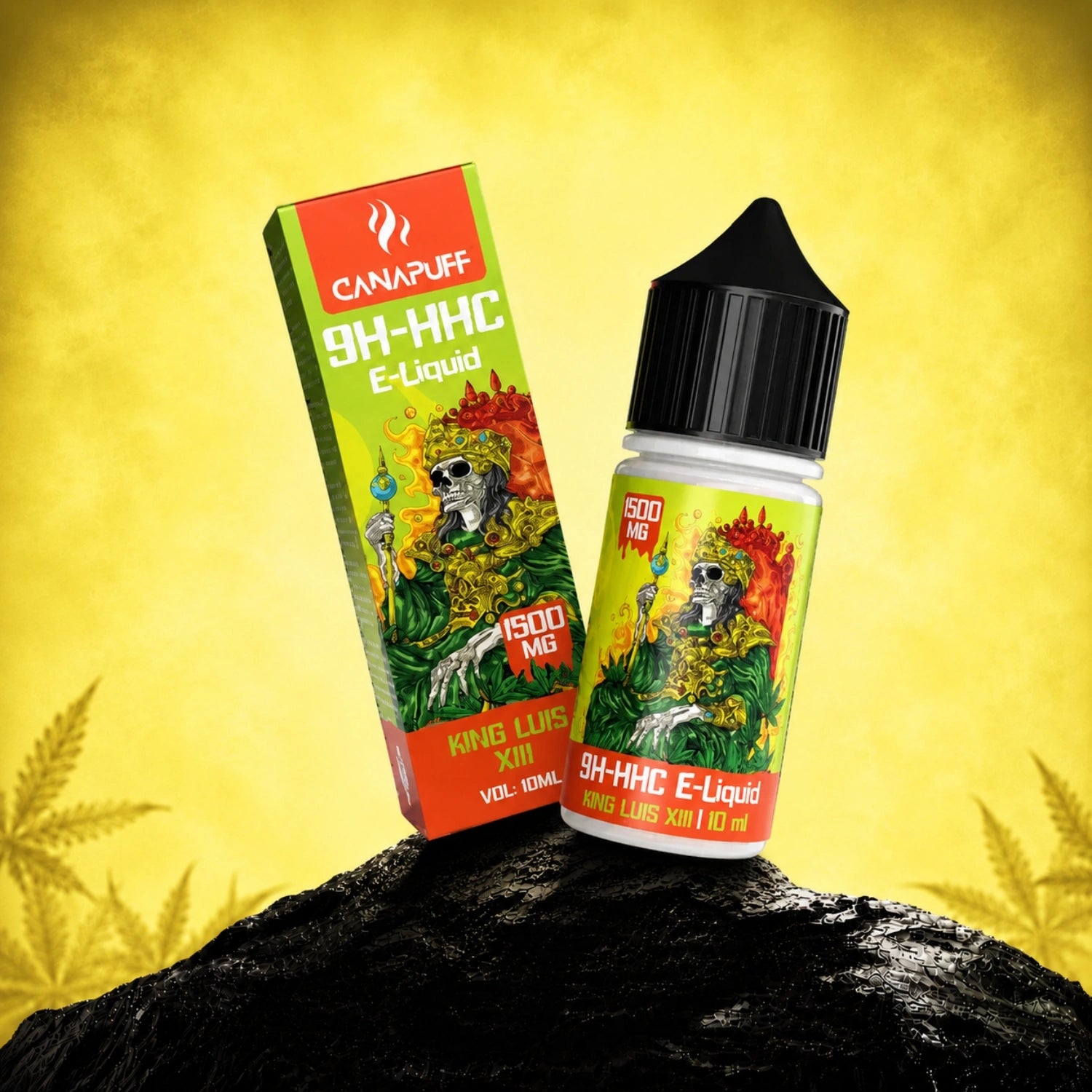 Canapuff 9H-HHC E-Liquid King Luis XIII 1500mg, 10ml bottle with box packaging on yellow background