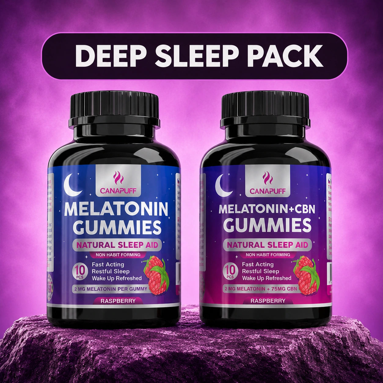 Canapuff Deep Sleep Pack with Melatonin and Melatonin+CBN gummies, raspberry flavor, 10 pieces each