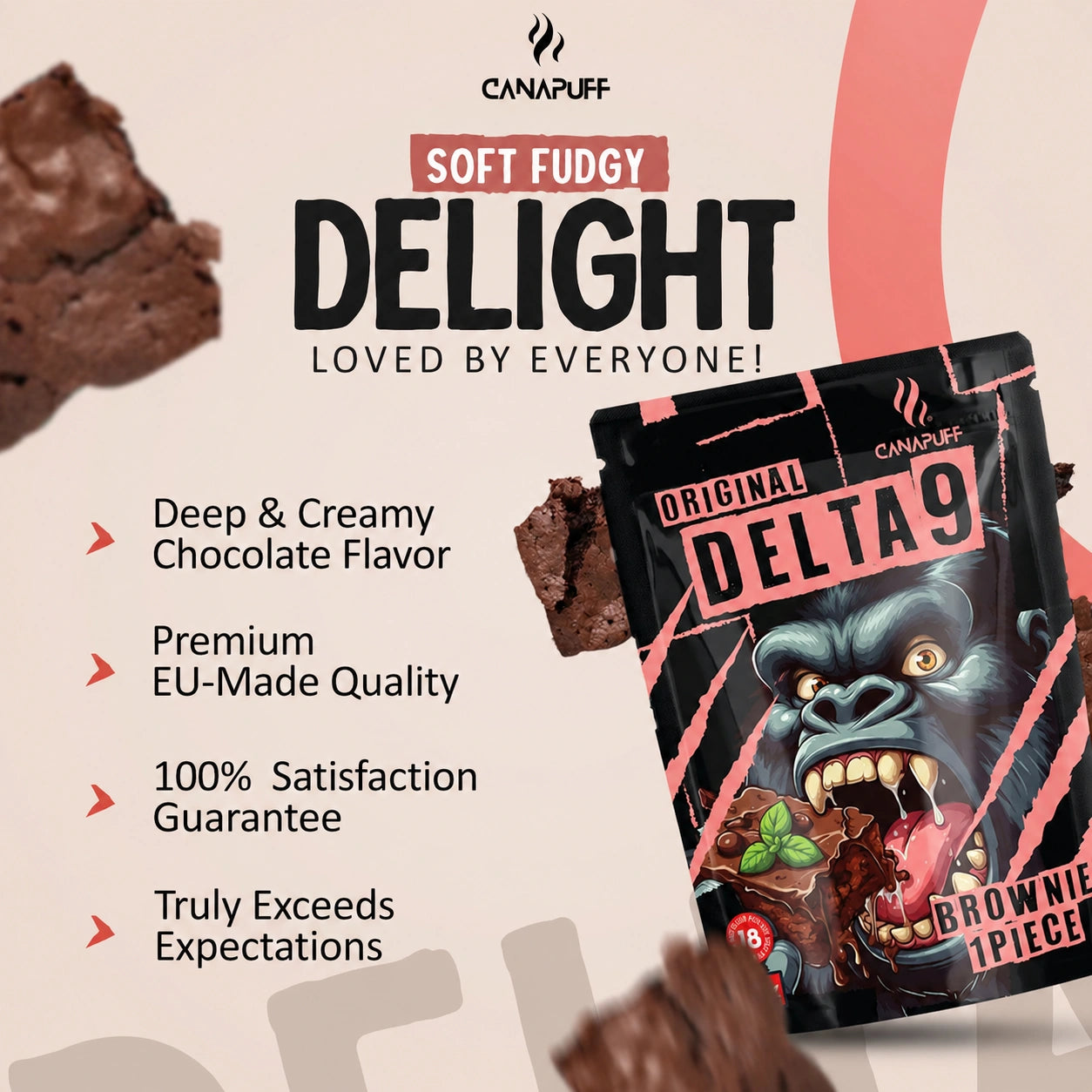 Canapuff Delta 9 Brownies, hemp-derived Delta-9 THC chocolate brownie edible