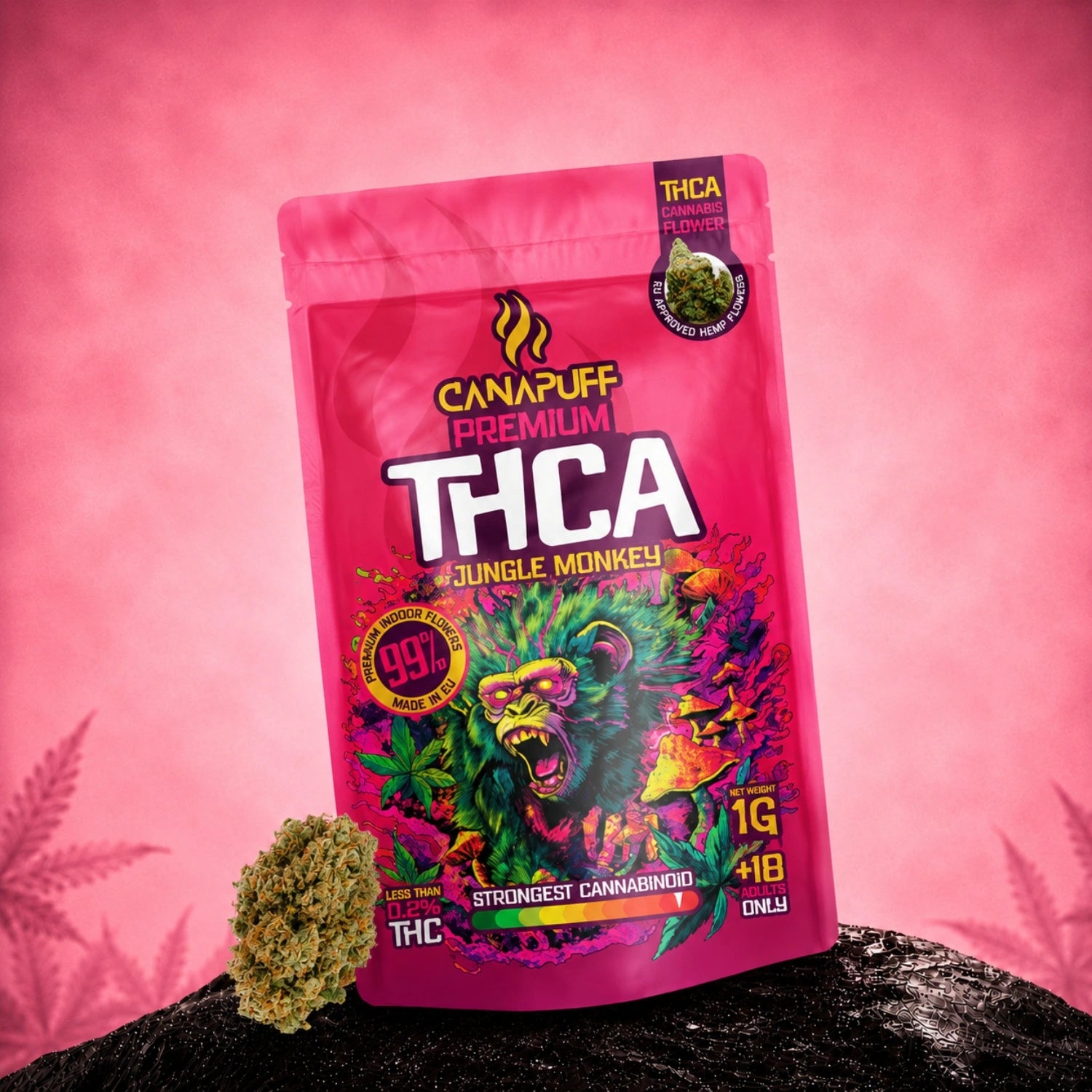 Canapuff THCA Jungle Monkey flower, 1g pouch, 99% cannabinoid strength
