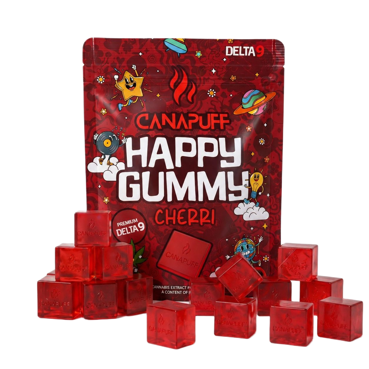 Canapuff Happy Gummy Delta-9 cherry gummies pouch with individual red cubes