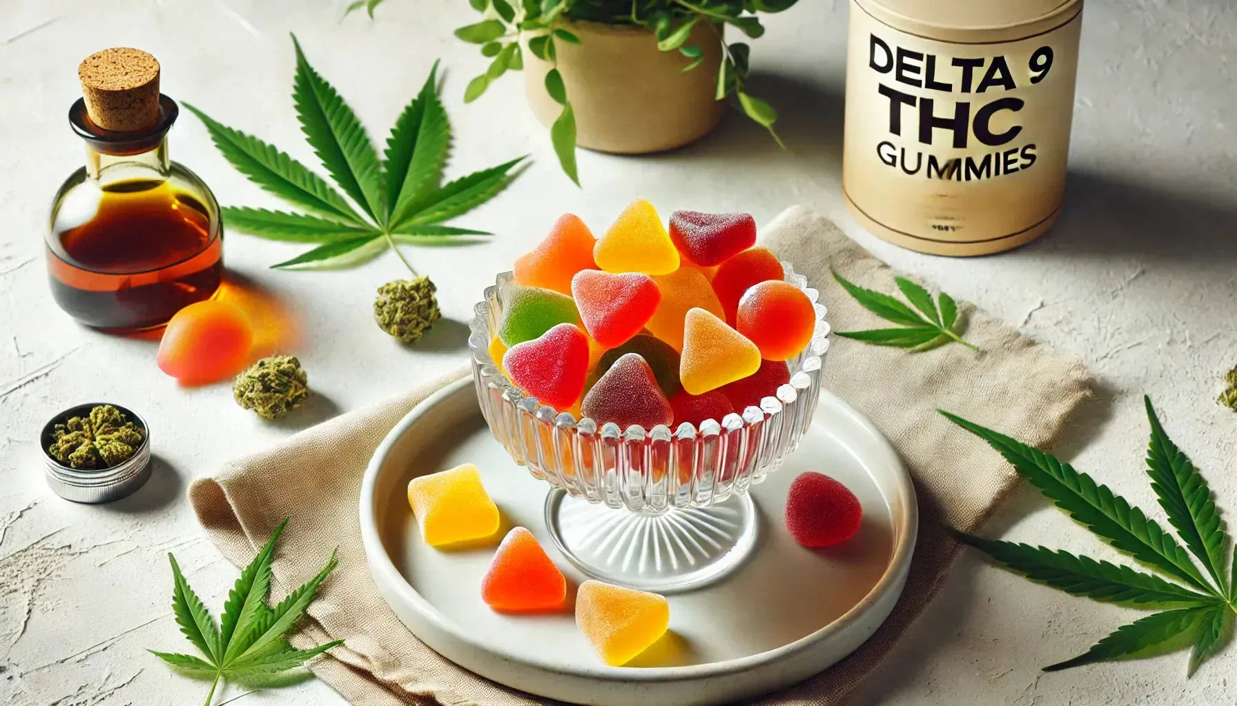 Een glazen kom gevuld met kleurrijke Delta 9 THC Gummies in mango-, oranje- en kersenkleuren, geplaatst op een schone witte achtergrond met subtiele cannabisbladdecoraties voor een frisse en uitnodigende uitstraling.
