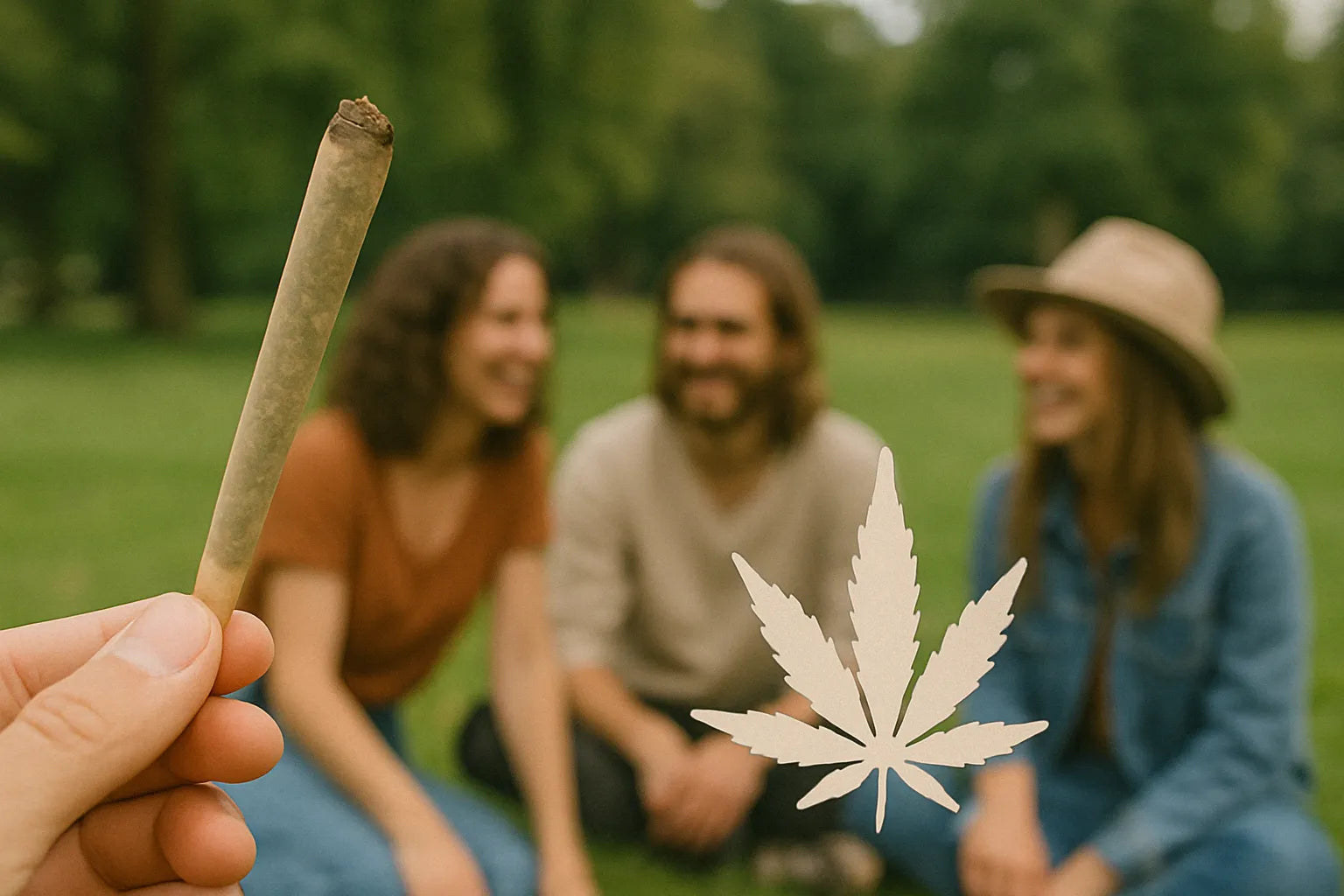 Hand die een cannabis joint vasthoudt voor een groep vrienden die op het gras in een park zitten