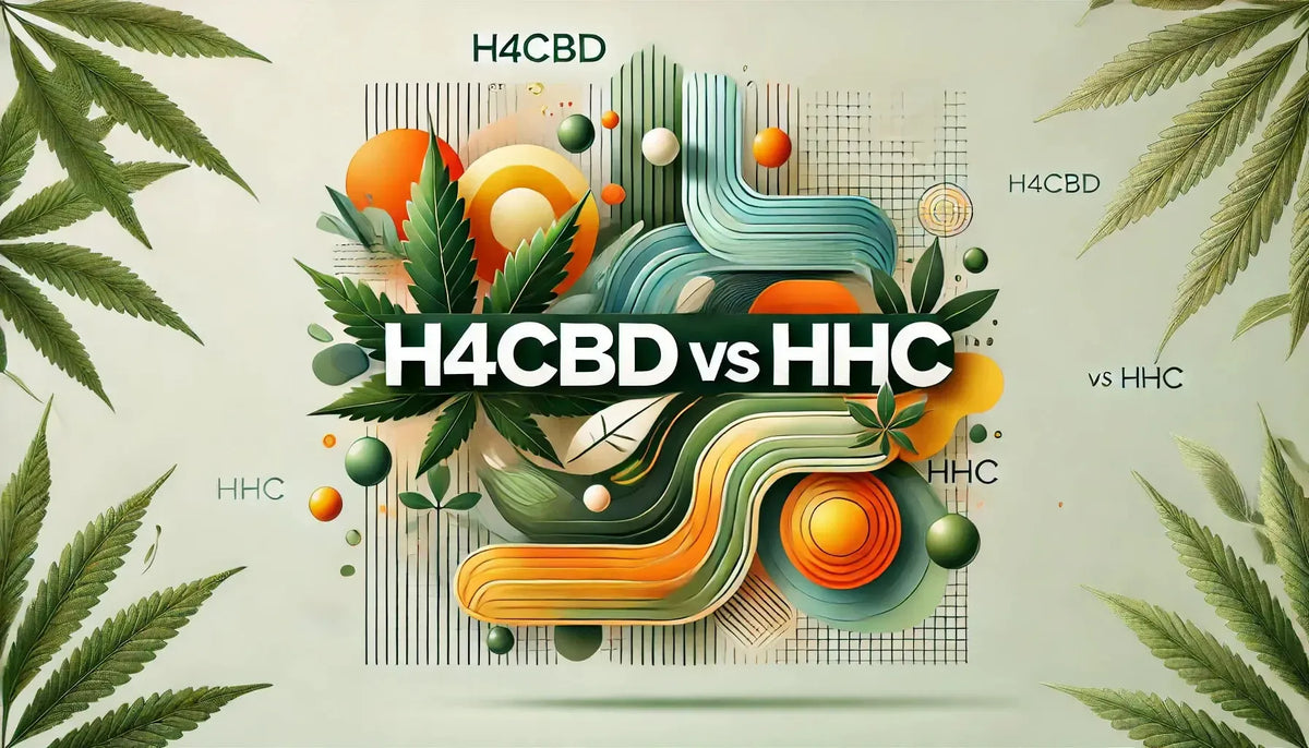 Blog-headerbillede med titlen ‘H4CBD vs HHC’, med abstrakte visuelle elementer i grønne nuancer for H4CBD og dynamiske orange-gule nuancer for HHC, der fremhæver deres kontrast.