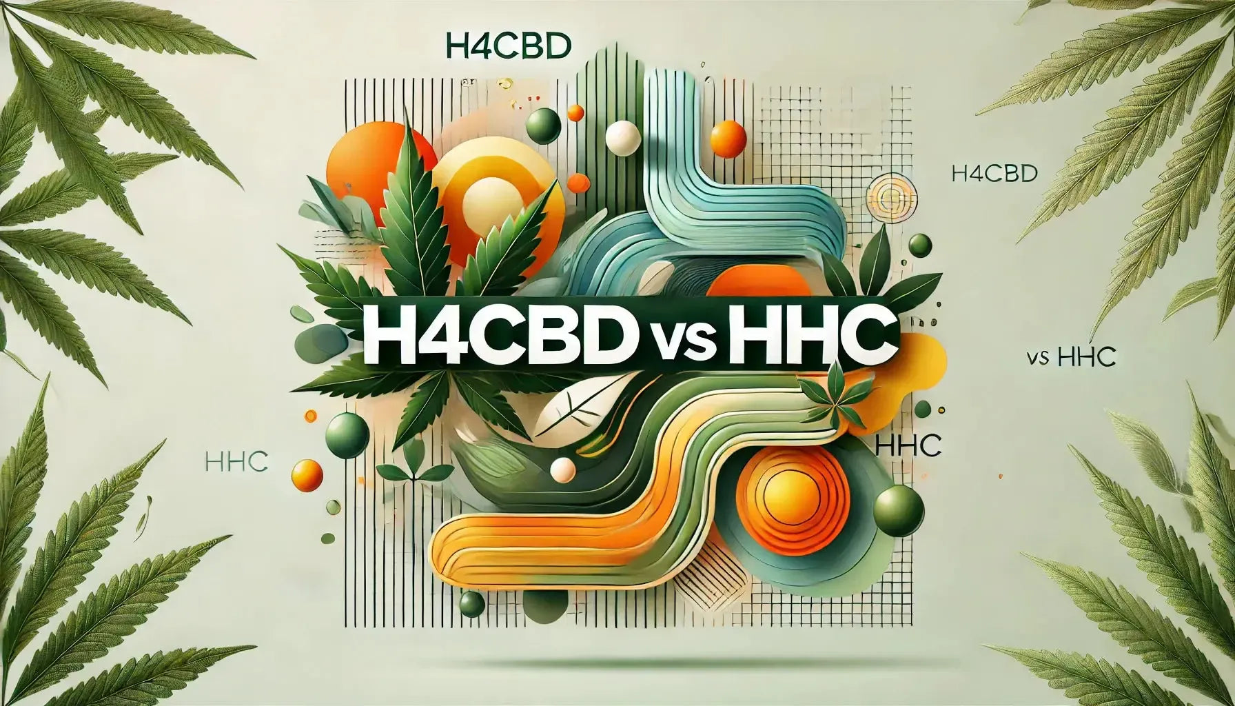 Blog header afbeelding getiteld ‘H4CBD vs HHC’, met abstracte visuals met groene tinten voor H4CBD en dynamische oranje-gele tinten voor HHC, die hun contrast benadrukken.