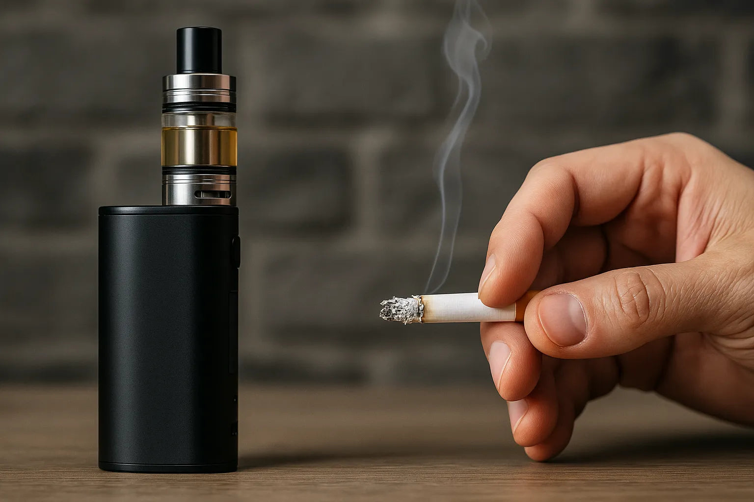 Afbeelding naast elkaar van een vape-apparaat en een hand die een brandende sigaret vasthoudt op een houten tafel