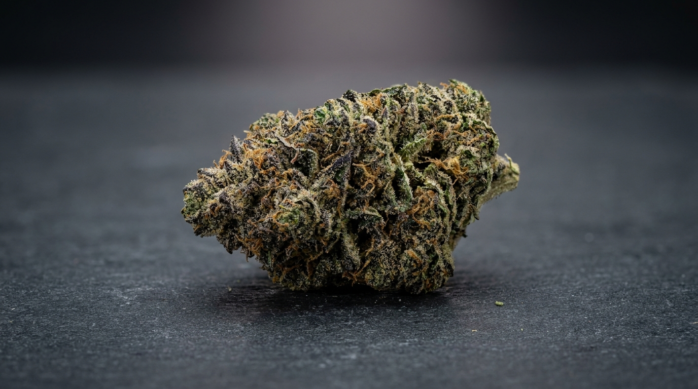 Frosty Gorilla Zkittlez cannabis bud with deep green and purple hues on a dark surface