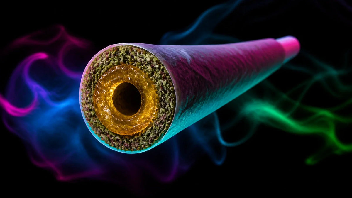Neon glowing donut joint showing the hash hole concentrate ring in cross-section