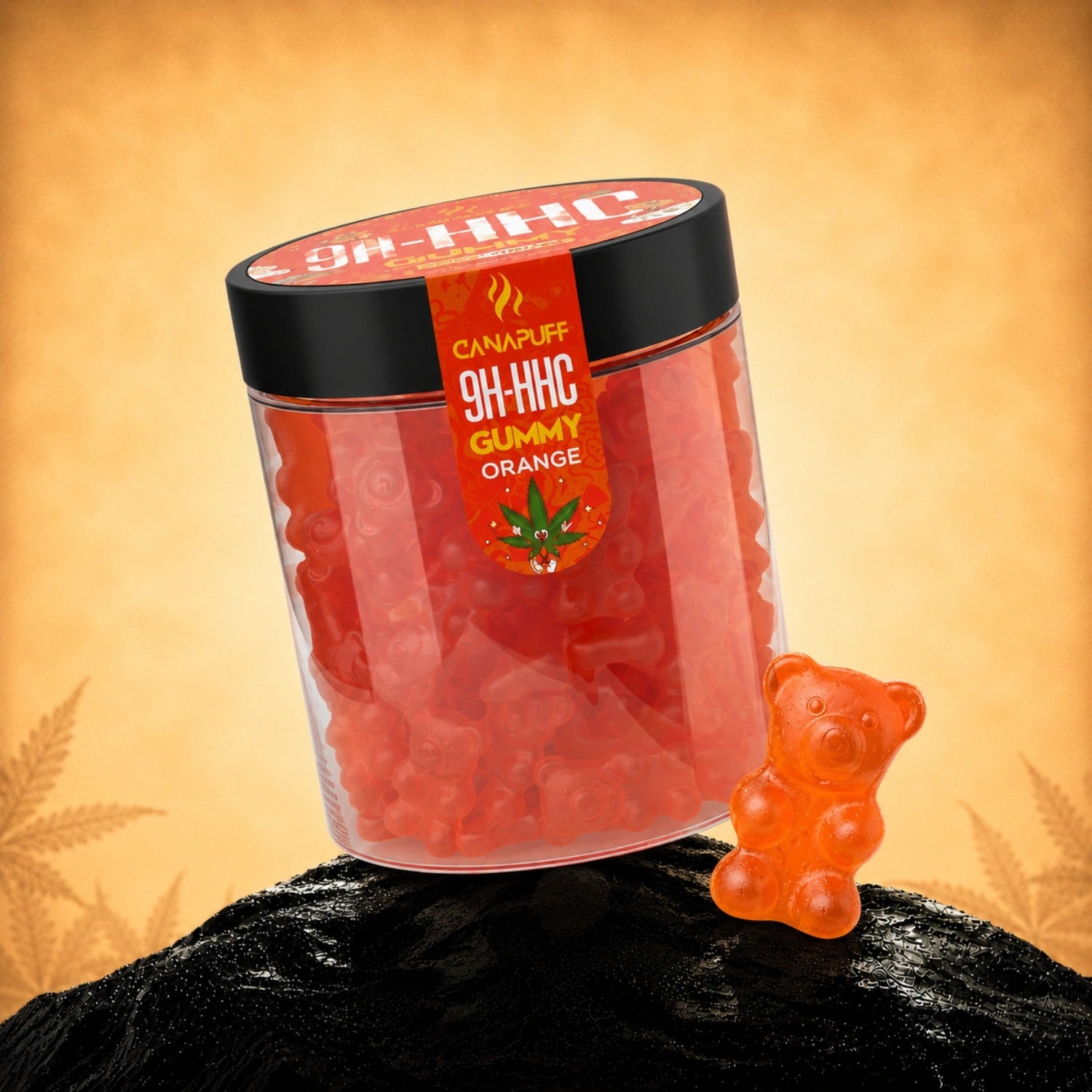 Canapuff 9H-HHC Gummies Orange in clear jar with black lid and red label