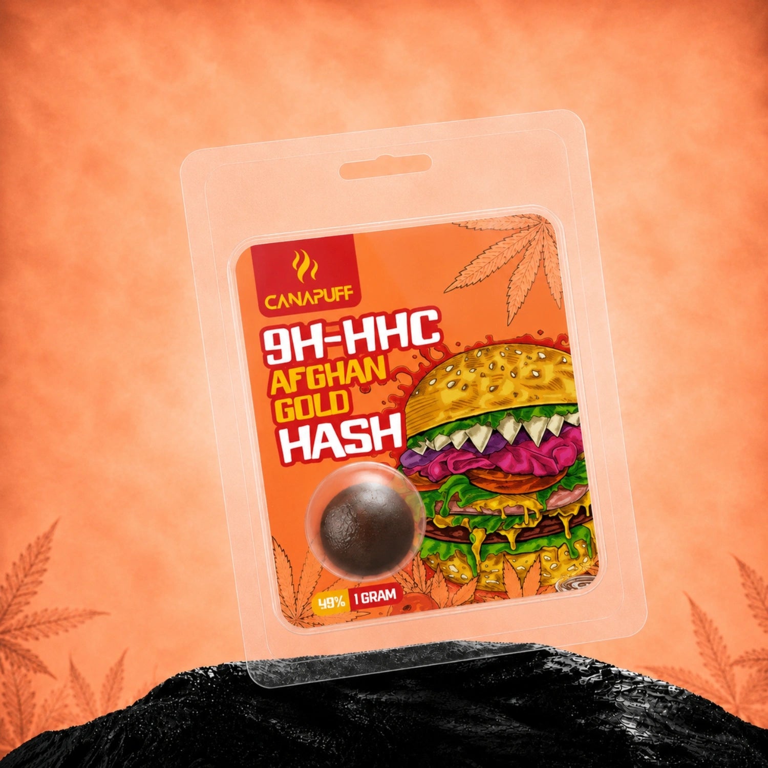 Canapuff 9H-HHC Hash Afghan Gold 99%, 1 gram blister pack on orange background