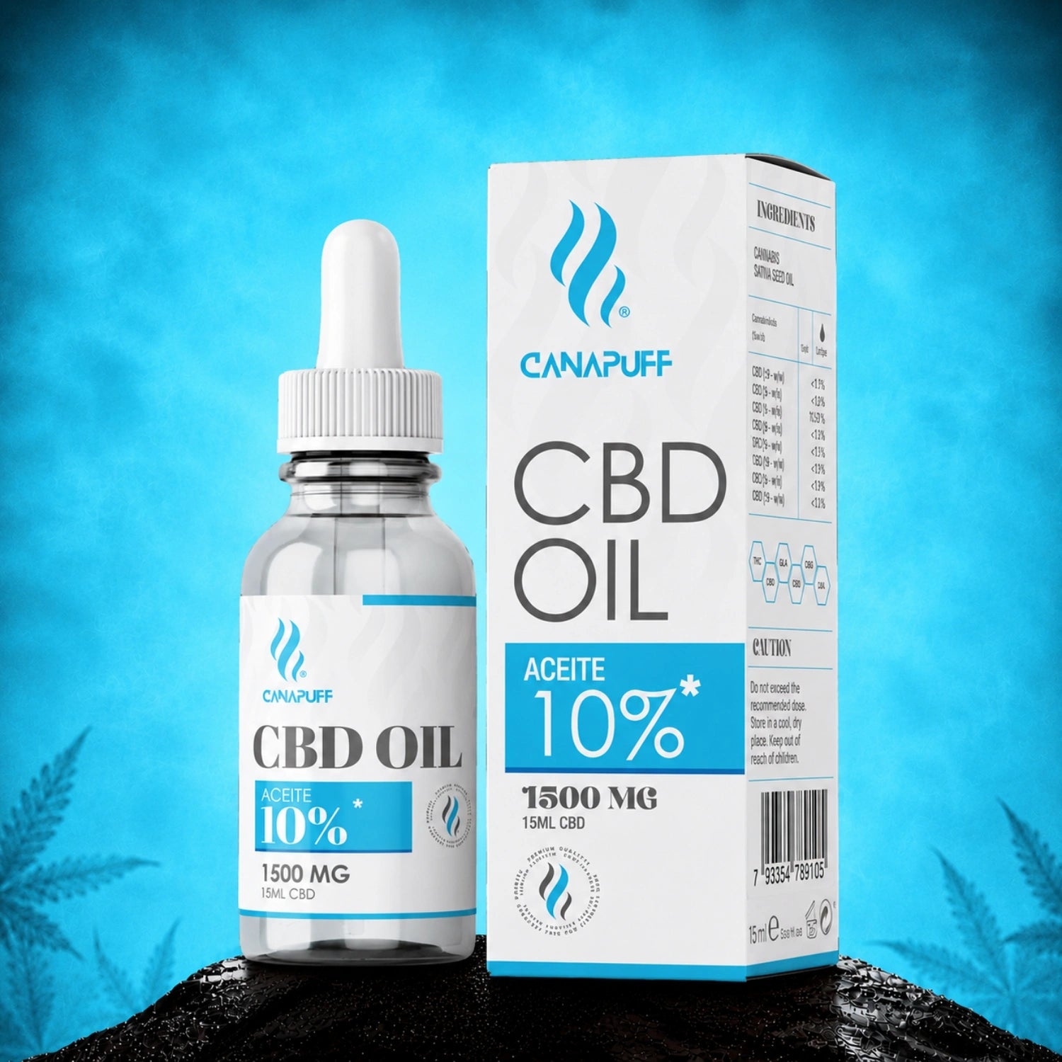Canapuff CBD Oil 10% 1500 mg, 15 ml dropper bottle with box packaging