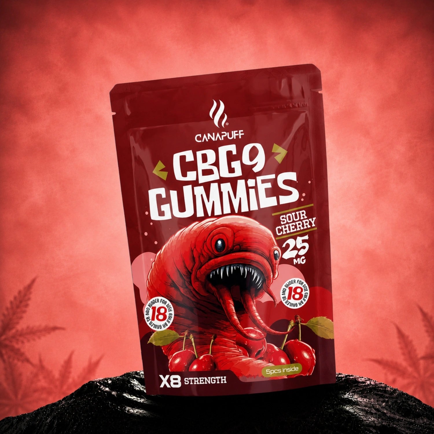 Canapuff CBG9 Gummies Sour Cherry 25 mg, 5 pieces per pouch, X8 strength