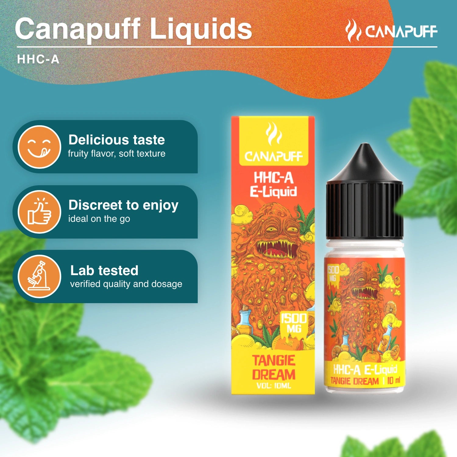 Canapuff HHC-A E-Liquid Tangie Dream 1.500mg, 10ml bottle with packaging and dropper cap