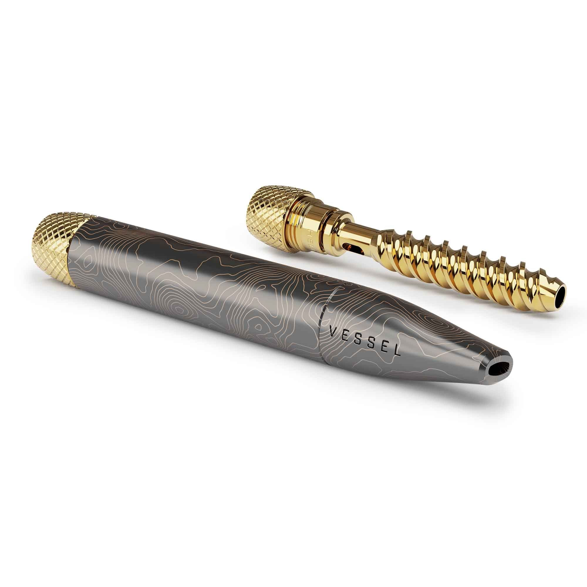 Vessel One Hitter pen in gunmetal with gold-accented cap and cartridge