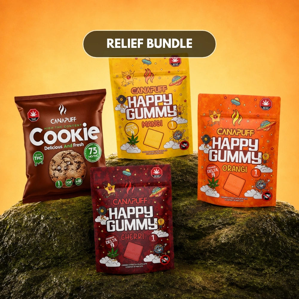 Canapuff Relief Bundle with cookie and three gummy flavor pouches