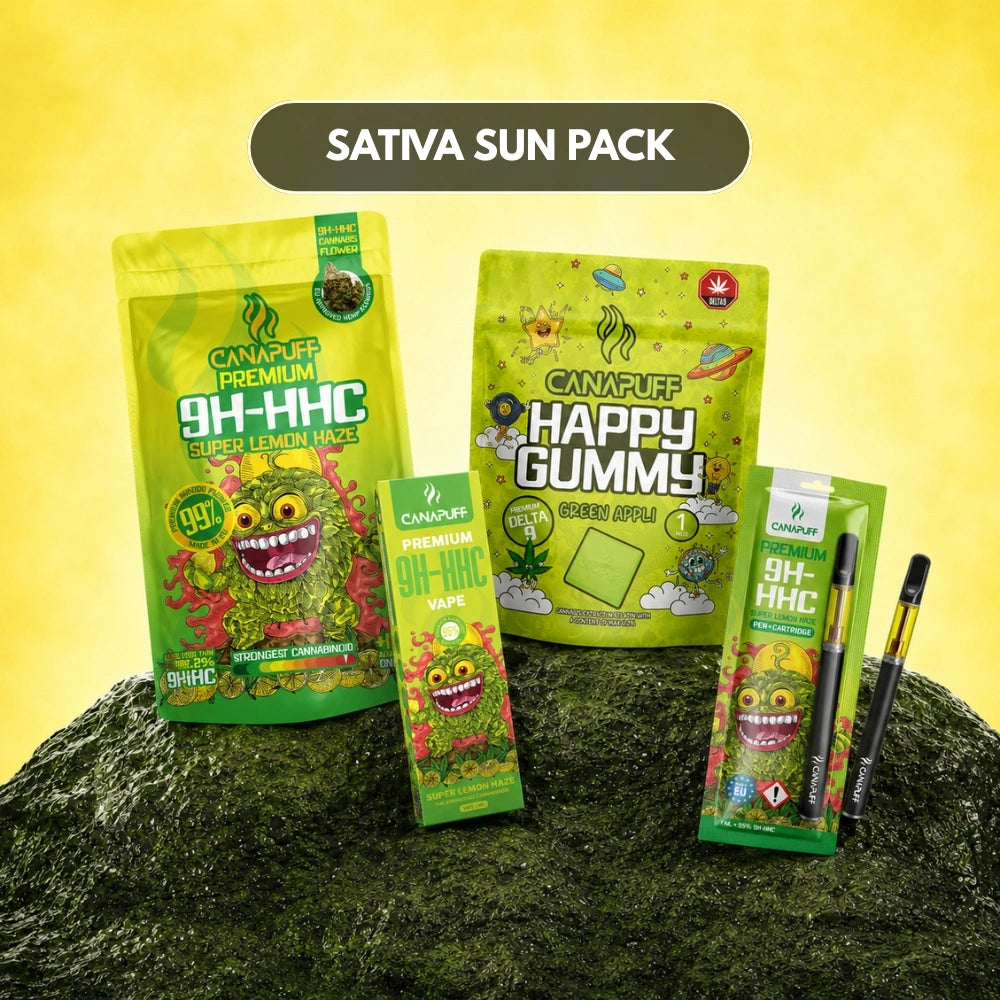 Canapuff Sativa Sun Pack bundle with flowers, gummies, vape liquid and pen cartridge